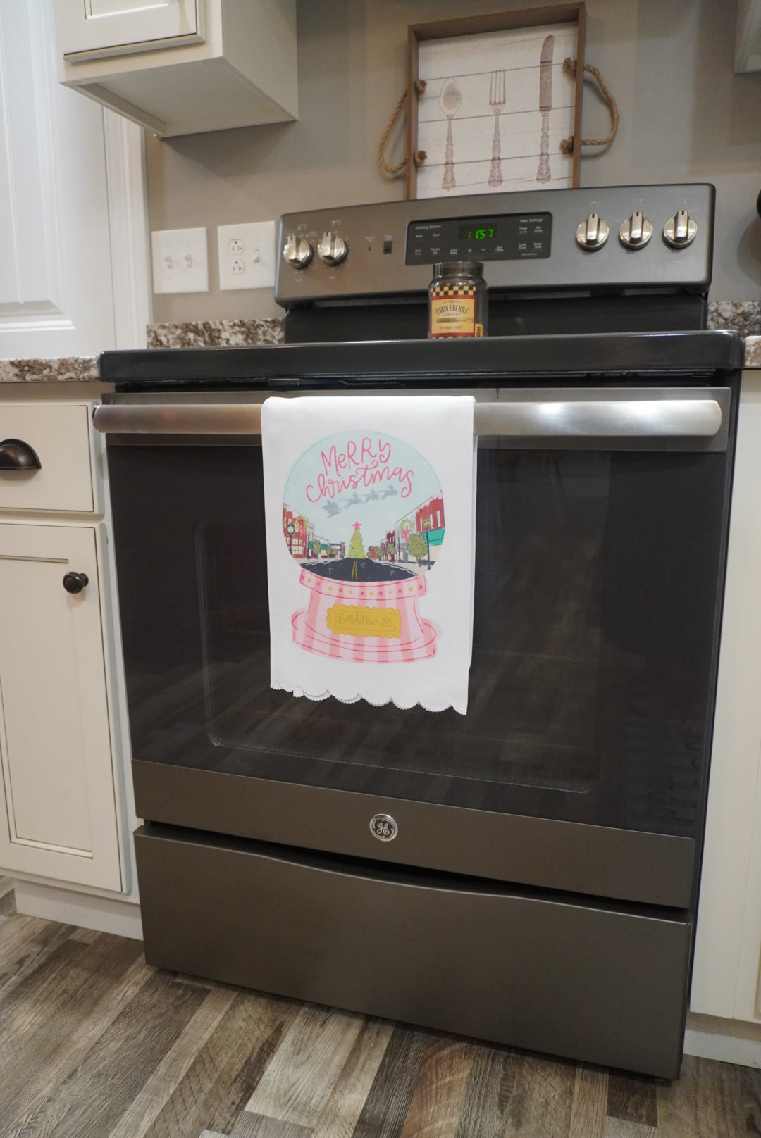 Custom Name- Pink Snow Globe Scalloped Tea Towel