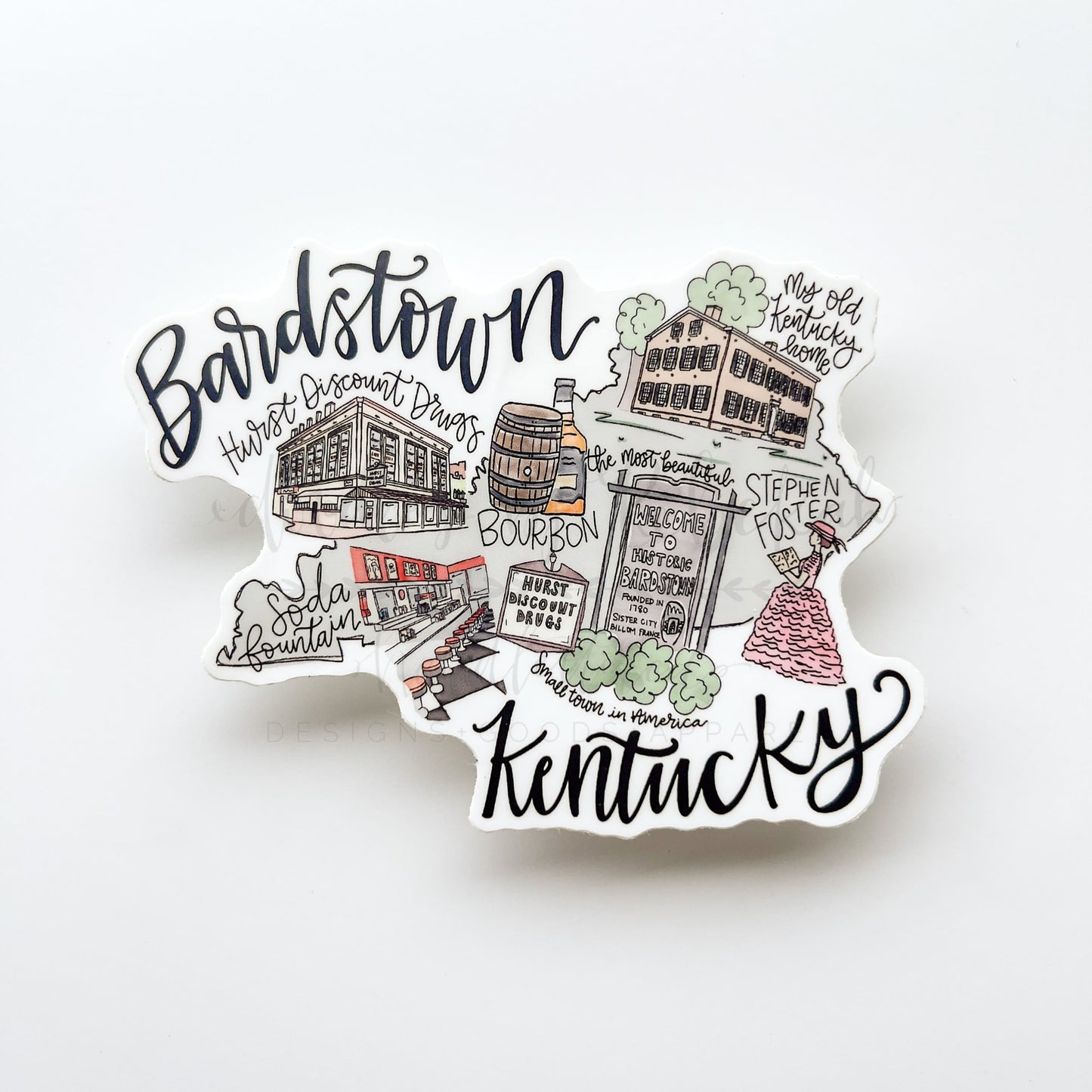 A sticker depicting a map and notable landmarks of Bardstown Kentucky, with hand-drawn illustrations and typography.