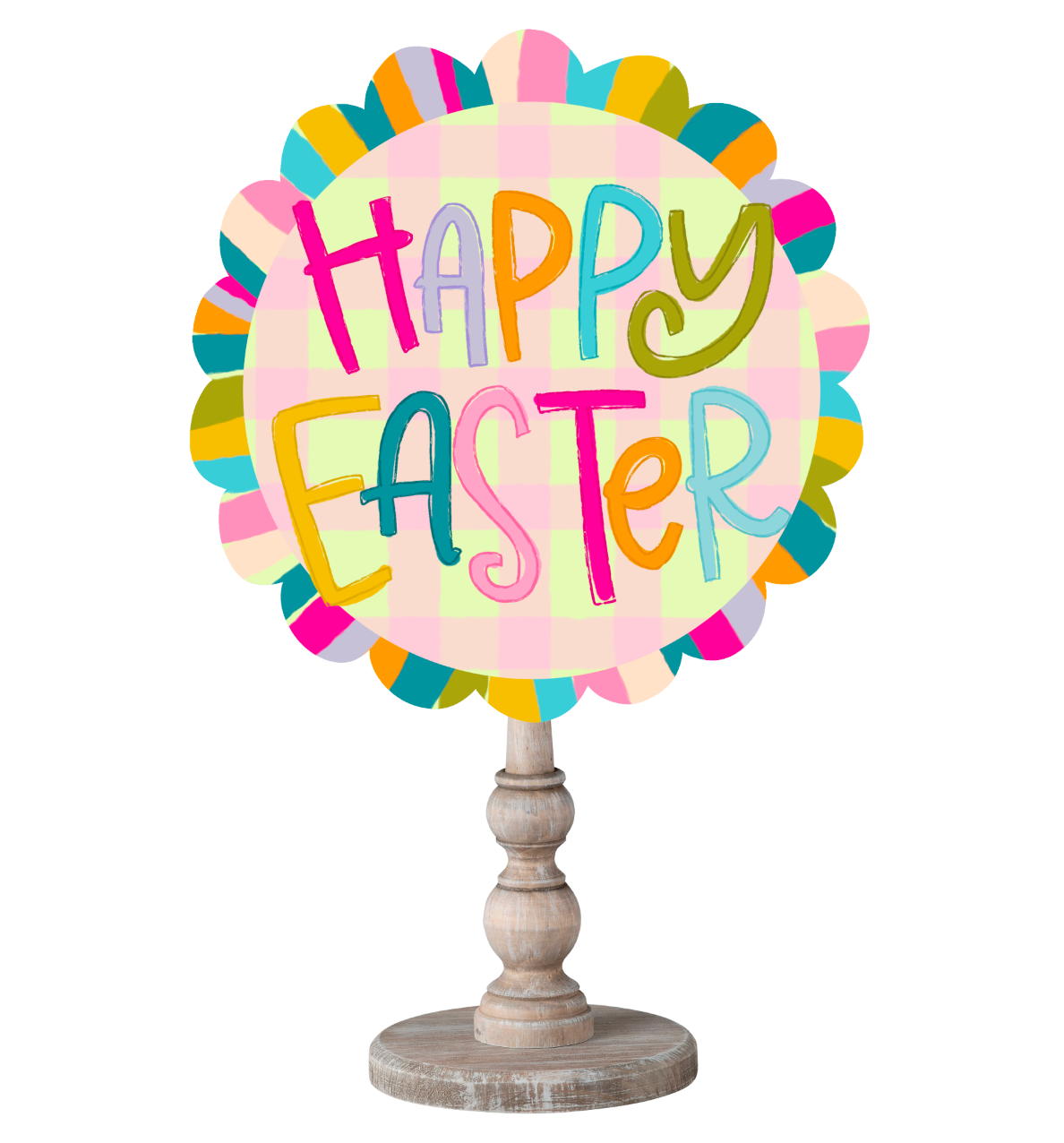 A scalloped circle Colorful Happy Easter Topper on a wooden dowel with a white background