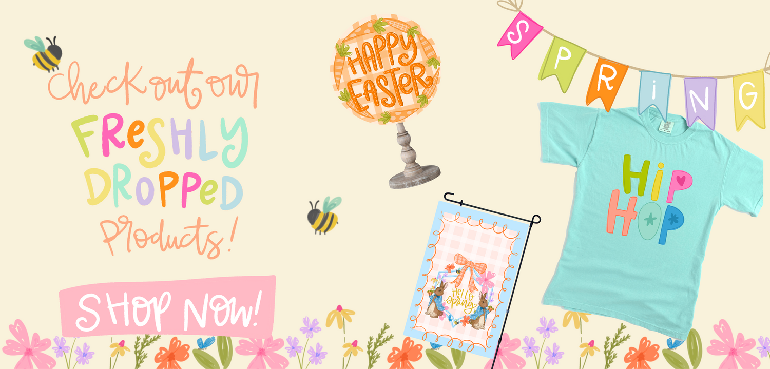 Promotional banner with Easter-themed text, products, and decorations on a light background.