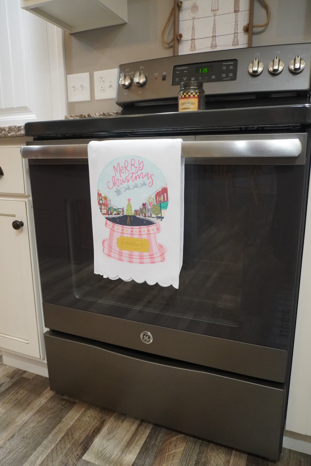 Custom Name- Pink Snow Globe Scalloped Tea Towel