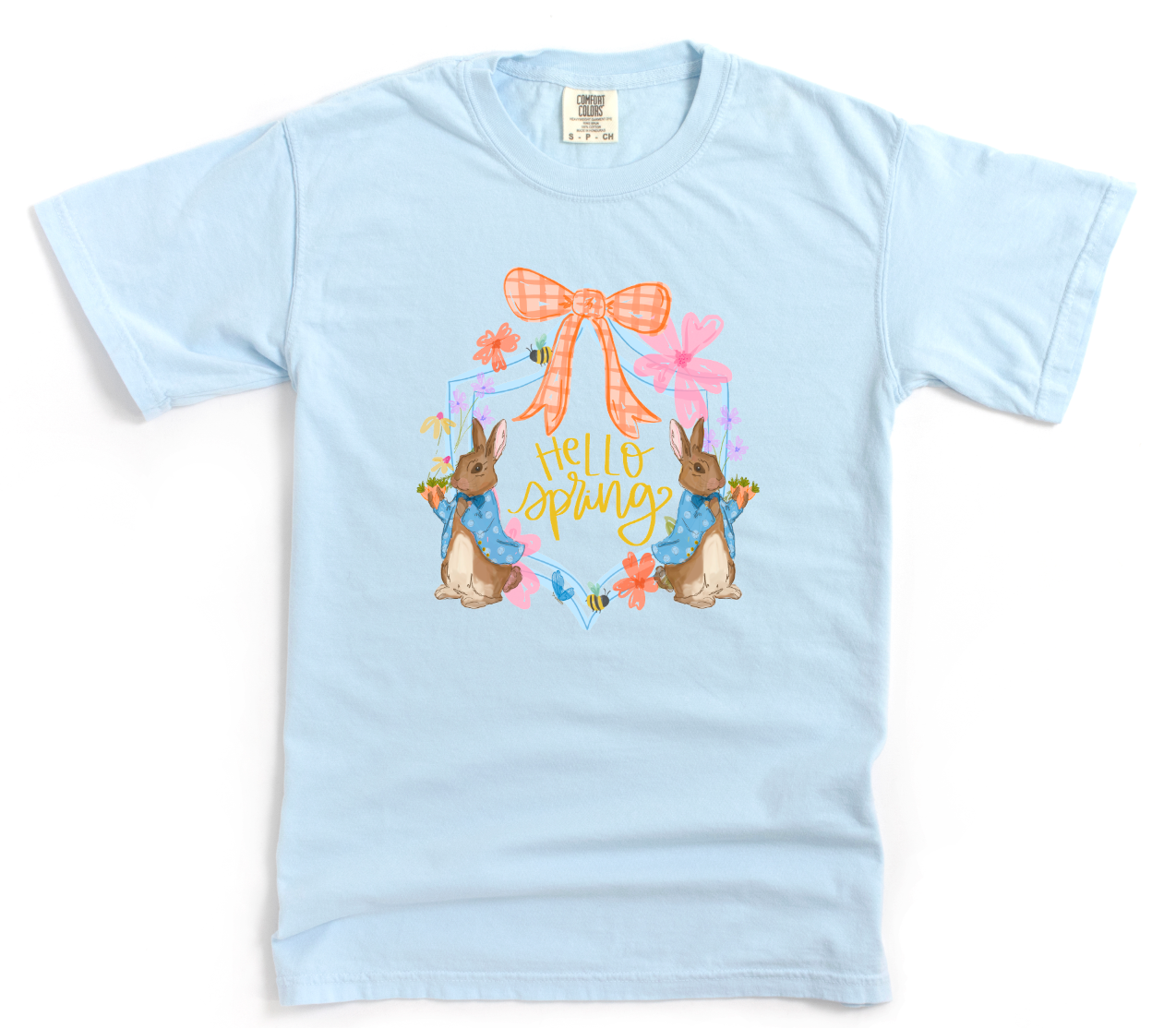 Light blue t-shirt with cartoon bunnies and decorative elements on a white background