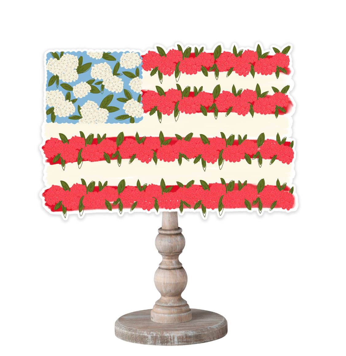 A stylized American flag topper made of white hydrangeas and red roses on a wooden dowel shown on a white background