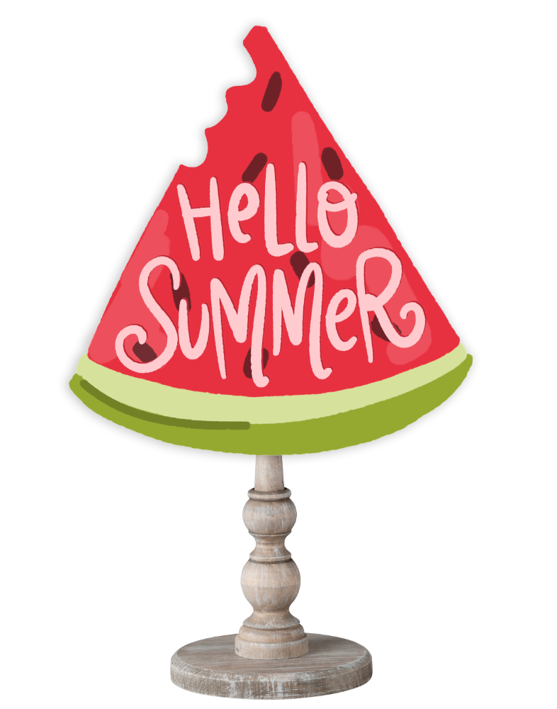 Doodles by Rebekah summer tabletop decor featuring a whimsical red watermelon slice with seeds and hand-lettered "Hello Summer" text.