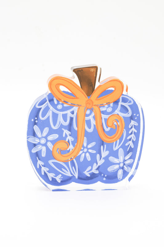 Blue Chinoiserie Pumpkin with Bow Acrylic Shelf Sitter