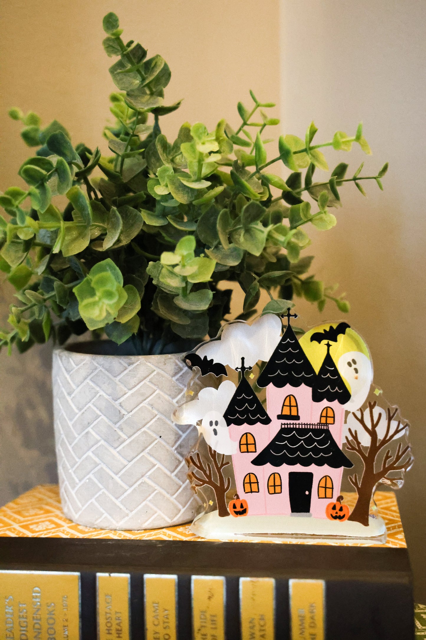 Pink Haunted House with Ghosts Acrylic Shelf Sitter