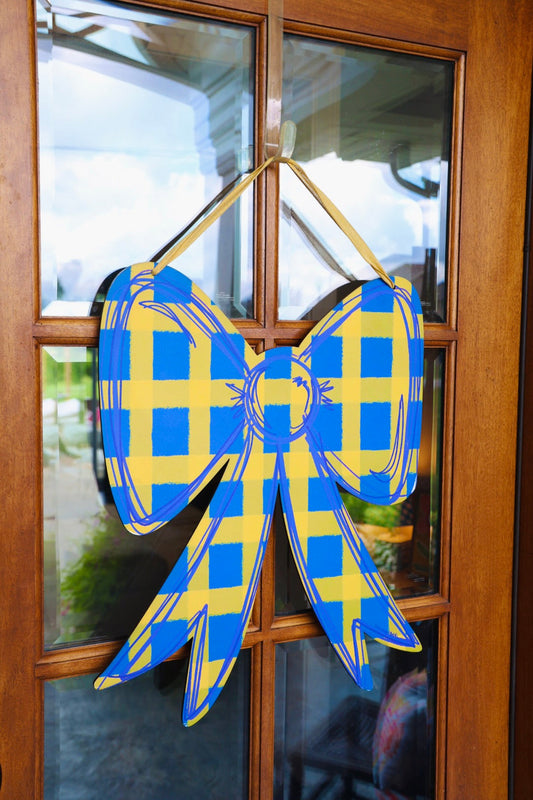 Blue and Yellow Gingham Bow Doorhanger
