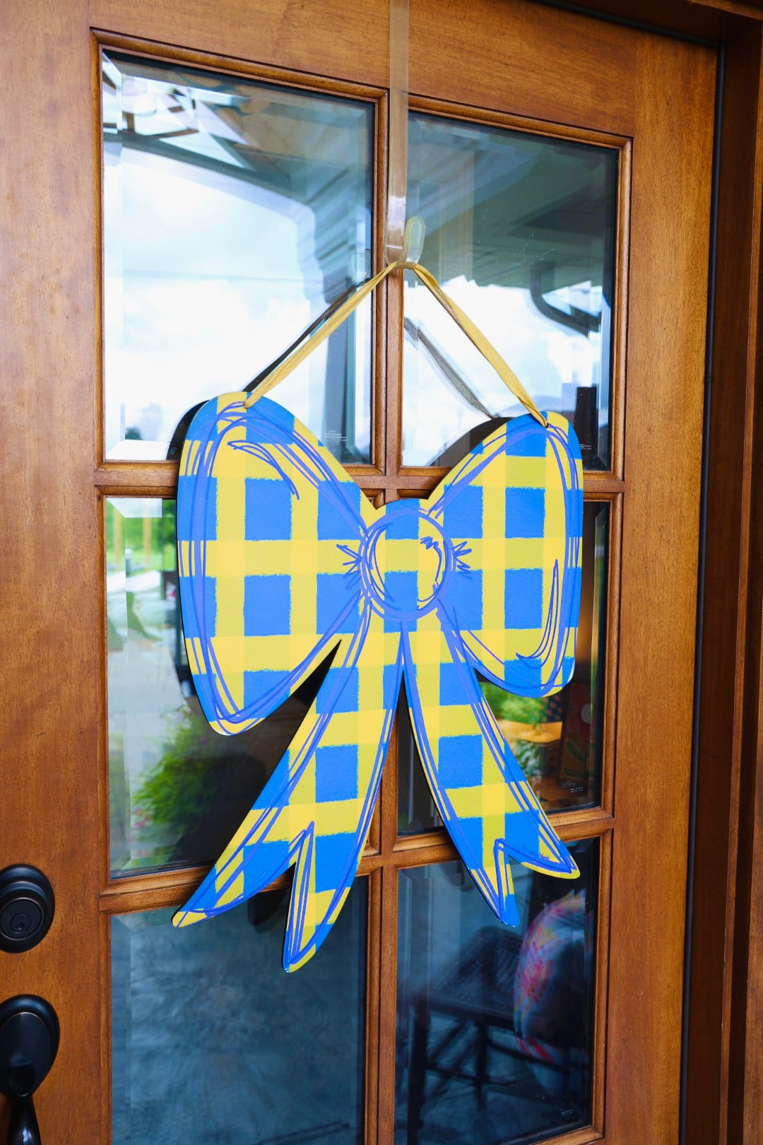 Blue and Yellow Gingham Bow Doorhanger