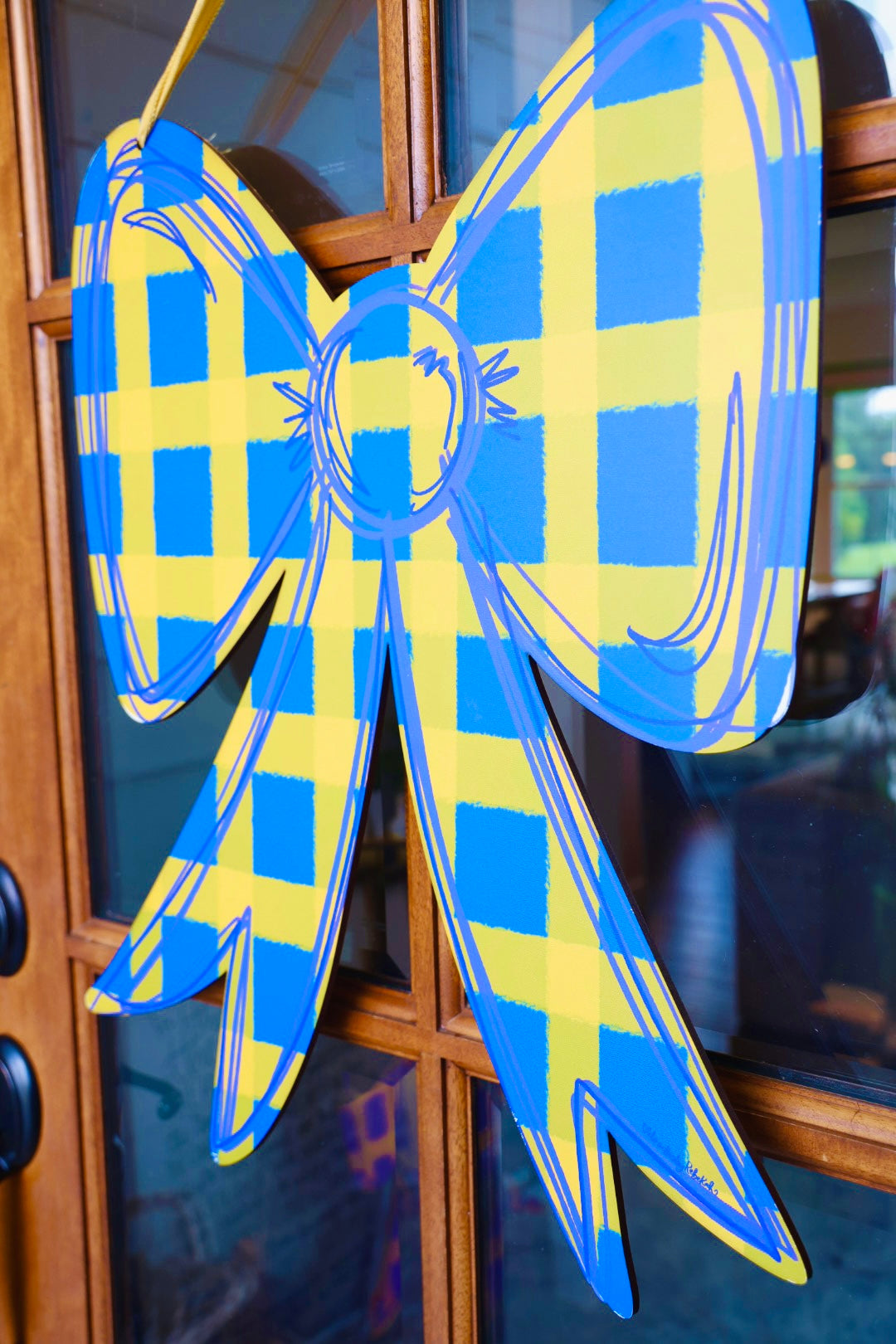 Blue and Yellow Gingham Bow Doorhanger