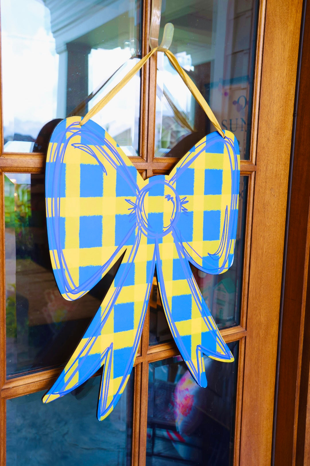 Blue and Yellow Gingham Bow Doorhanger