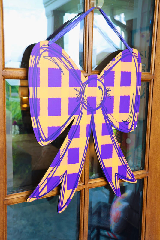 Purple and Gold Gingham Bow Doorhanger