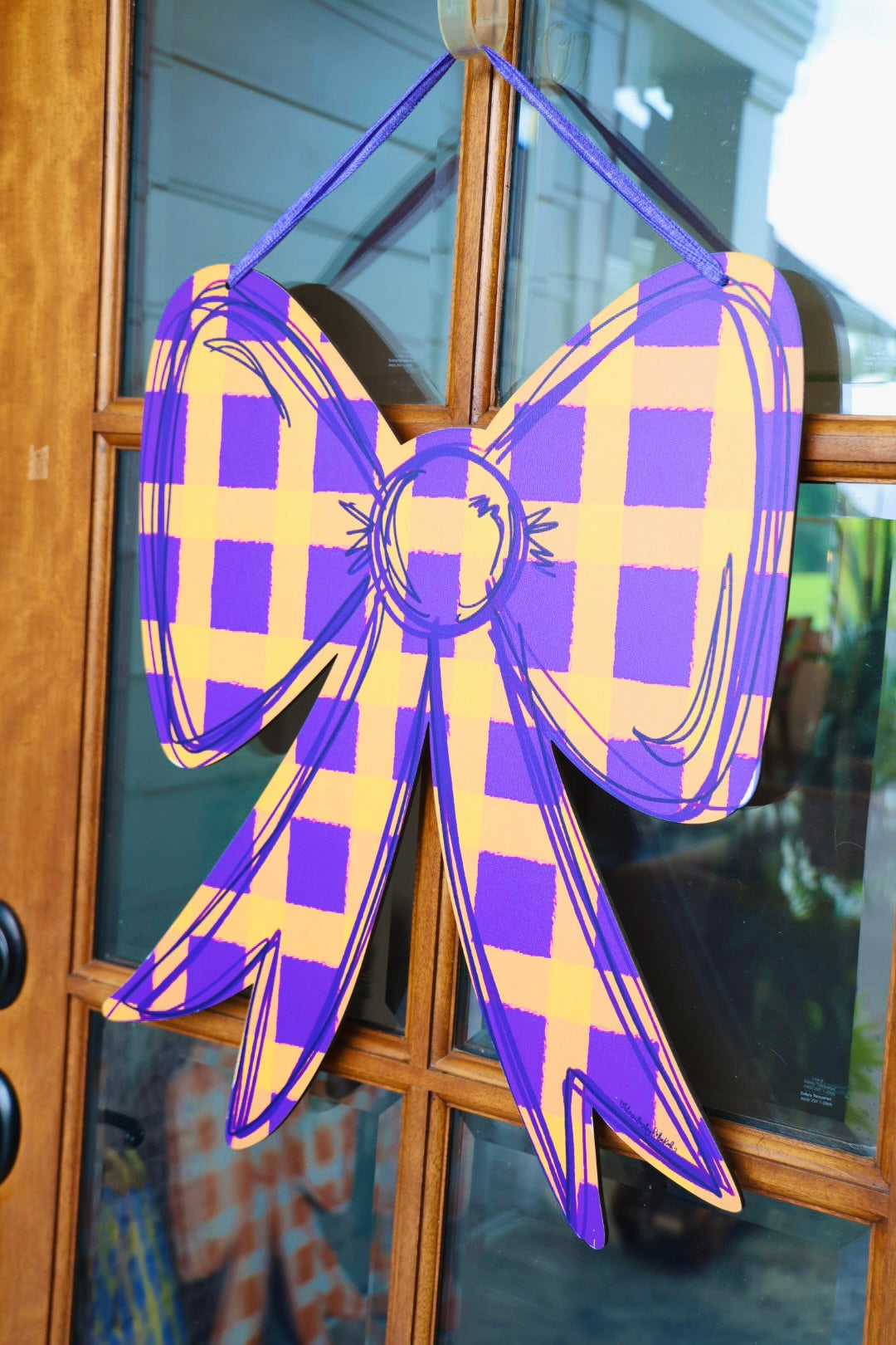 Purple and Gold Gingham Bow Doorhanger