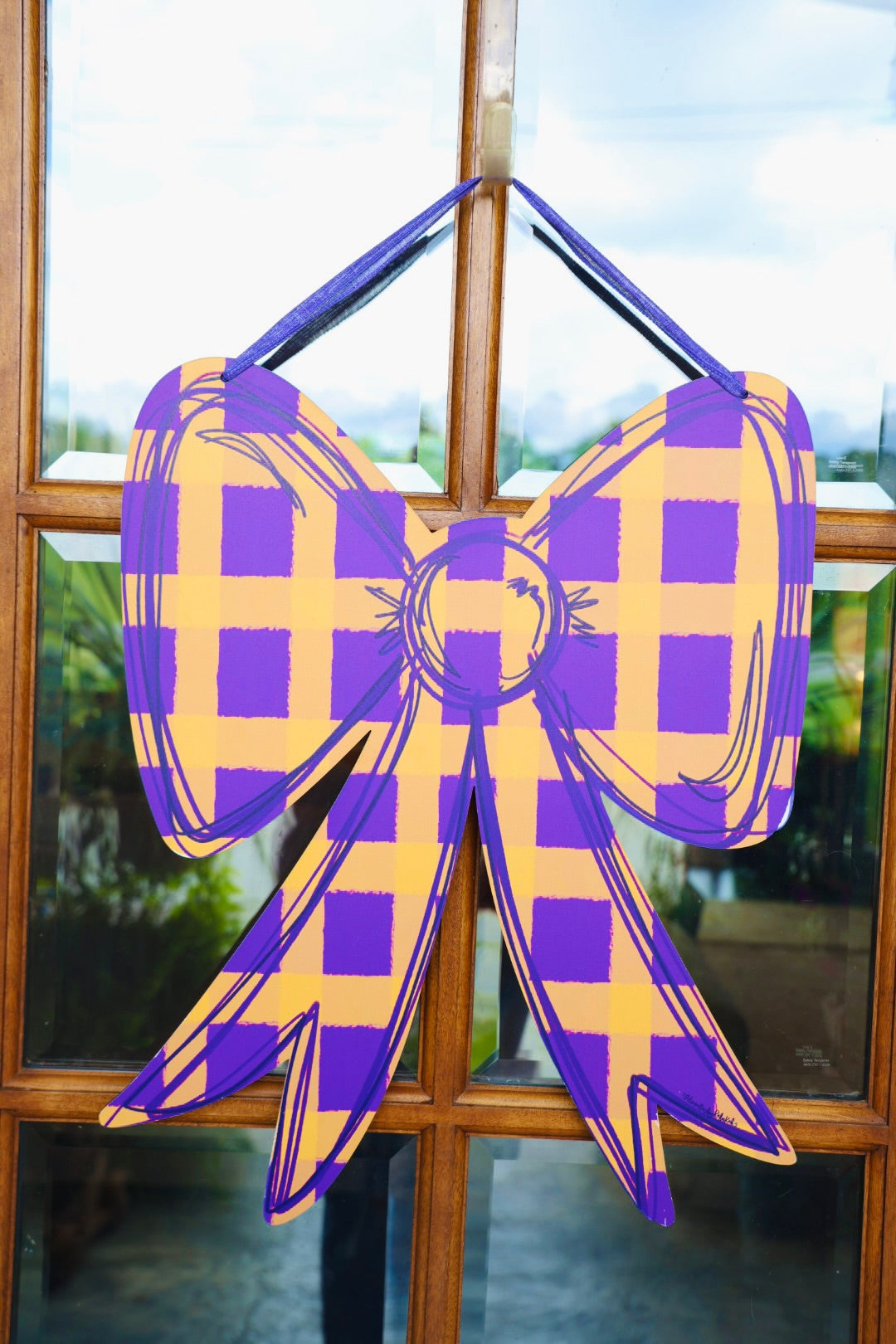 Purple and Gold Gingham Bow Doorhanger