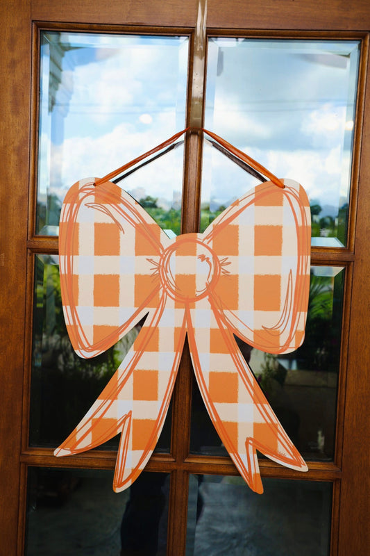 Orange and White Gingham Bow Doorhanger