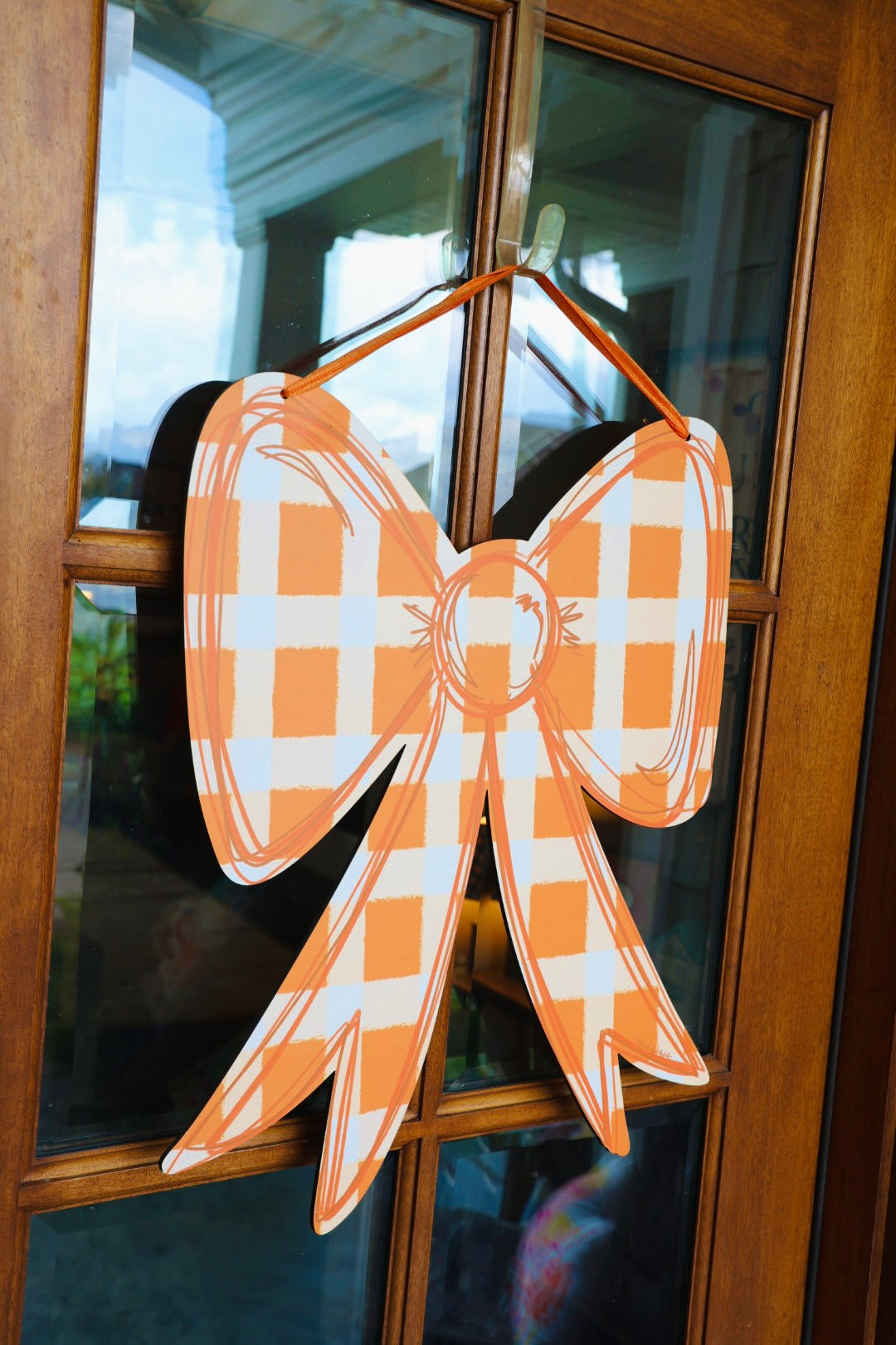 Orange and White Gingham Bow Doorhanger