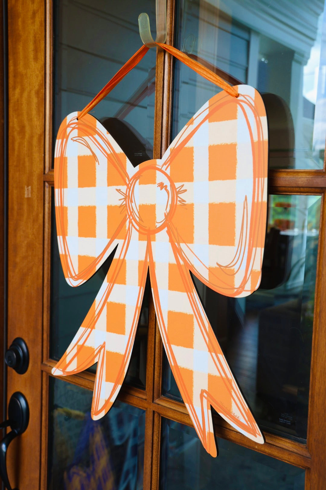 Orange and White Gingham Bow Doorhanger