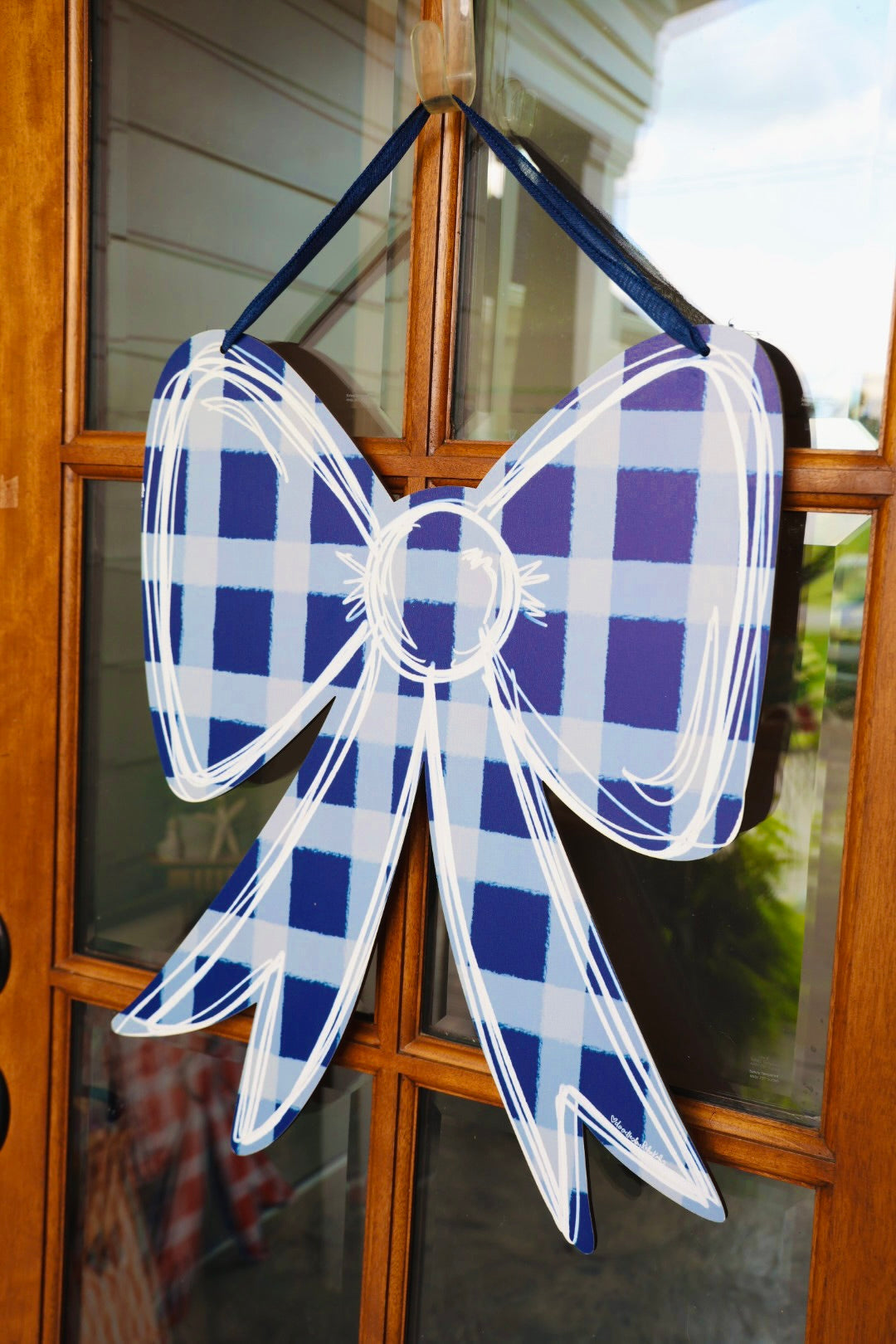Navy and Gray Gingham Bow Doorhanger