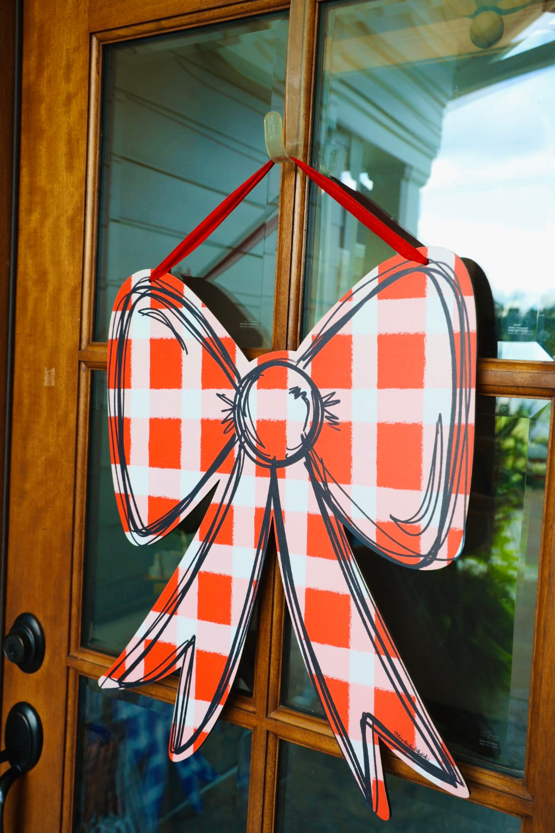 Red, White and Black Gingham Bow Doorhanger