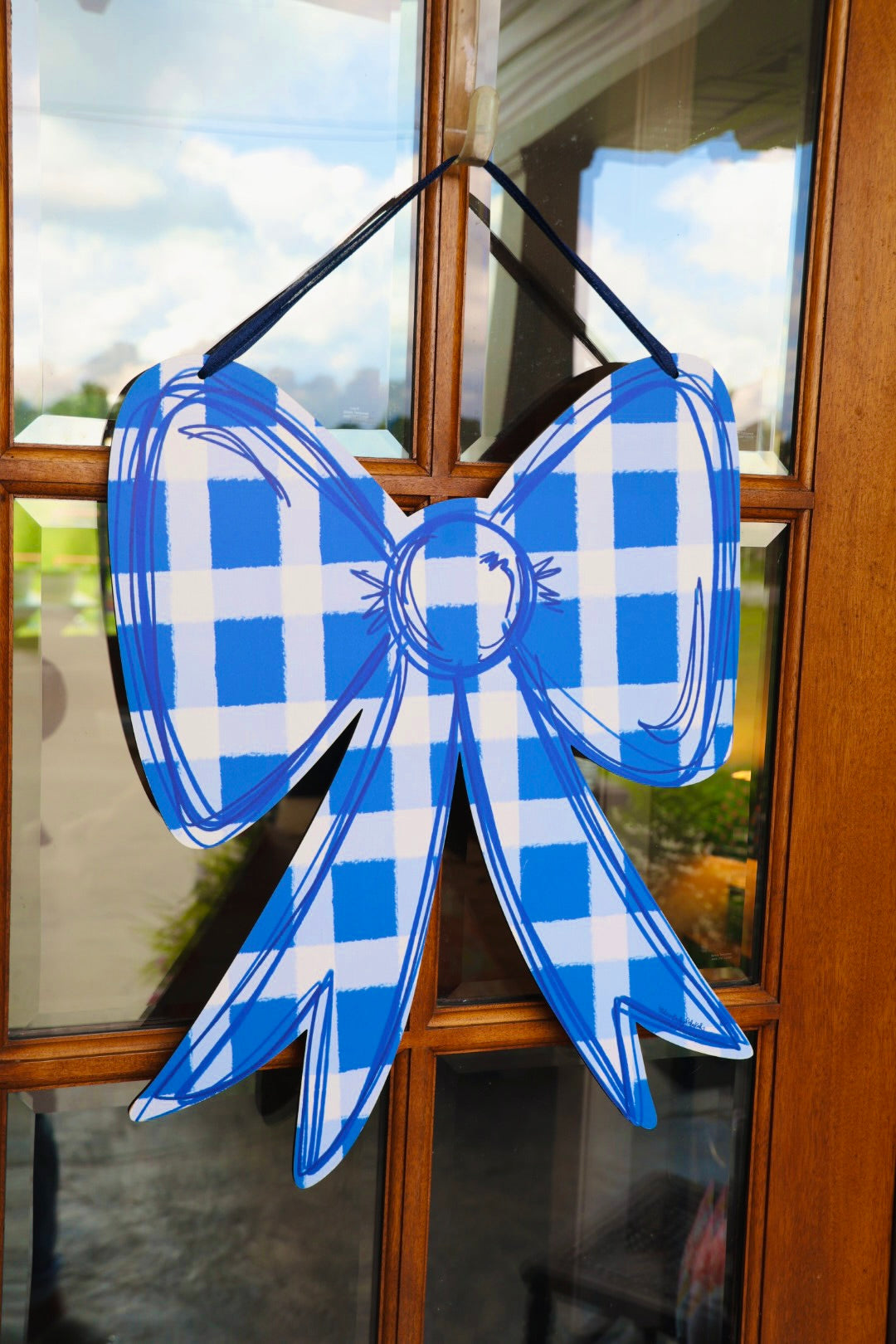 Blue and White Gingham Bow Doorhanger