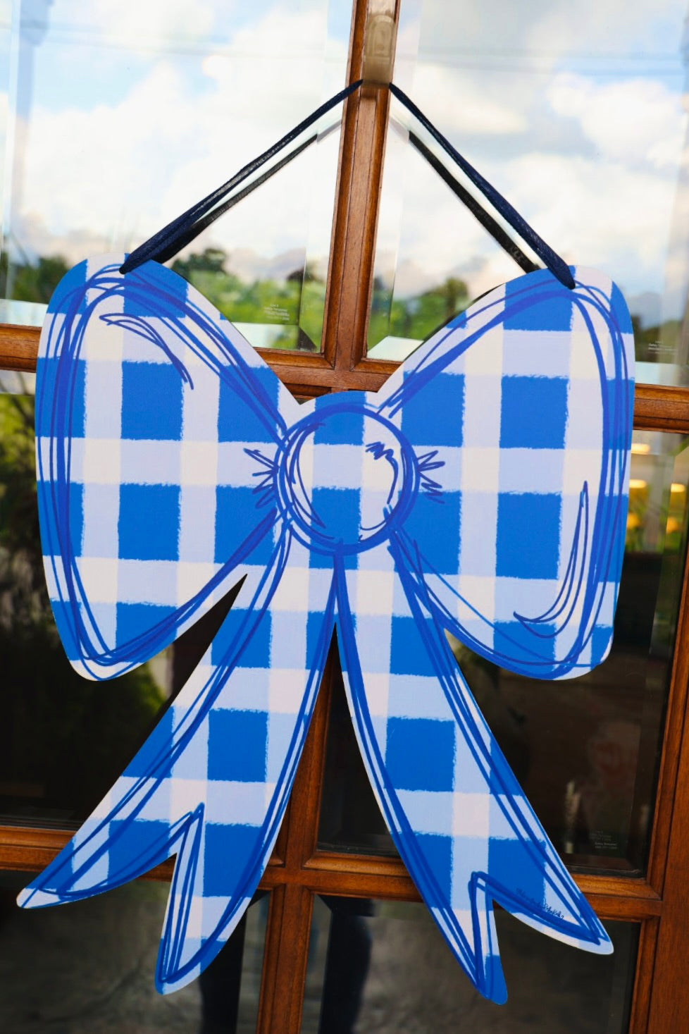 Blue and White Gingham Bow Doorhanger