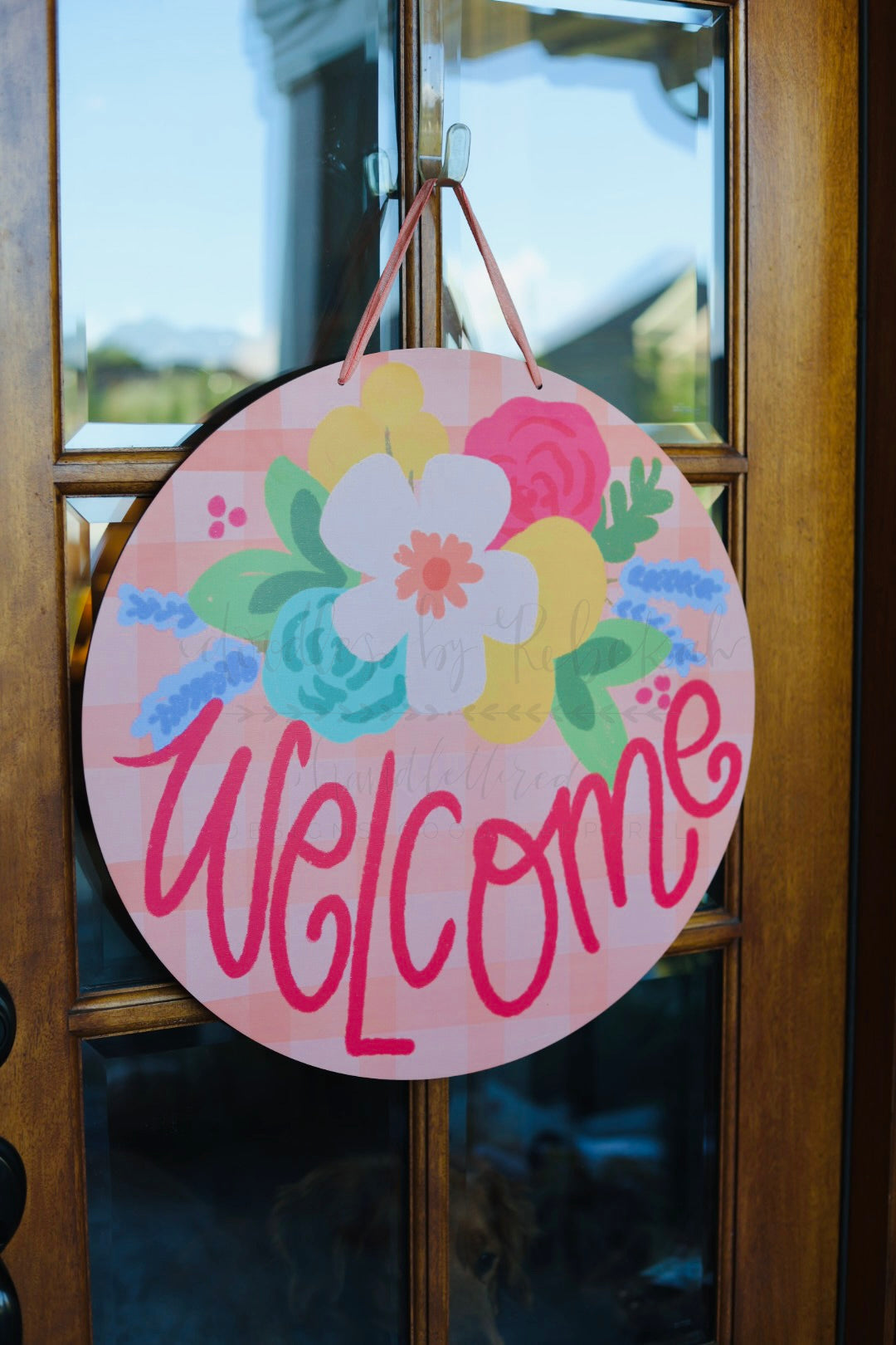 Welcome Pink Plaid Doorhanger