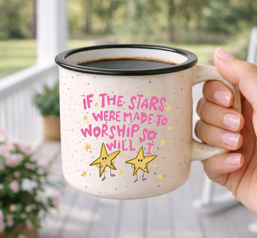 Doodles by Rebekah "So Will I" religious mug featuring whimsical hand-painted stars and pink typography. This inspirational ceramic coffee cup is a perfect faith-based gift for worship leaders, youth groups, or as a daily reminder of spiritual devotion.