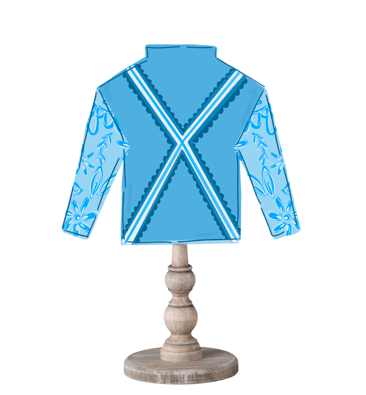 A blue Kentucky Derby Jockey Silk stylized topper on a wooden dowl