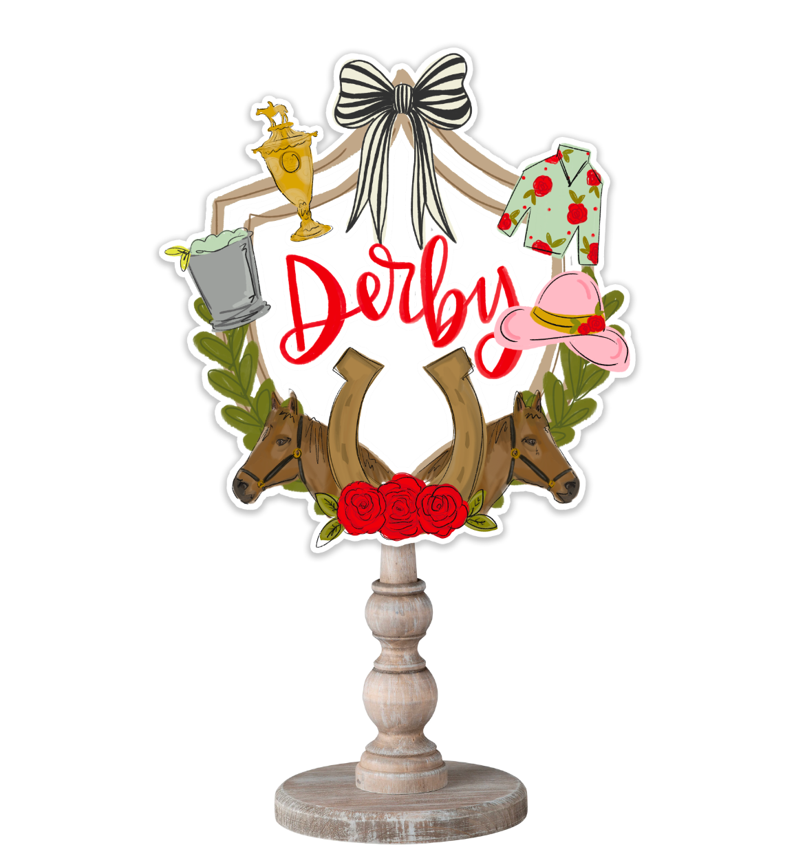 A decorative topper with the word "Derby" on it with a horse shoe, horse heads, and other Kentucky Derby doodles
