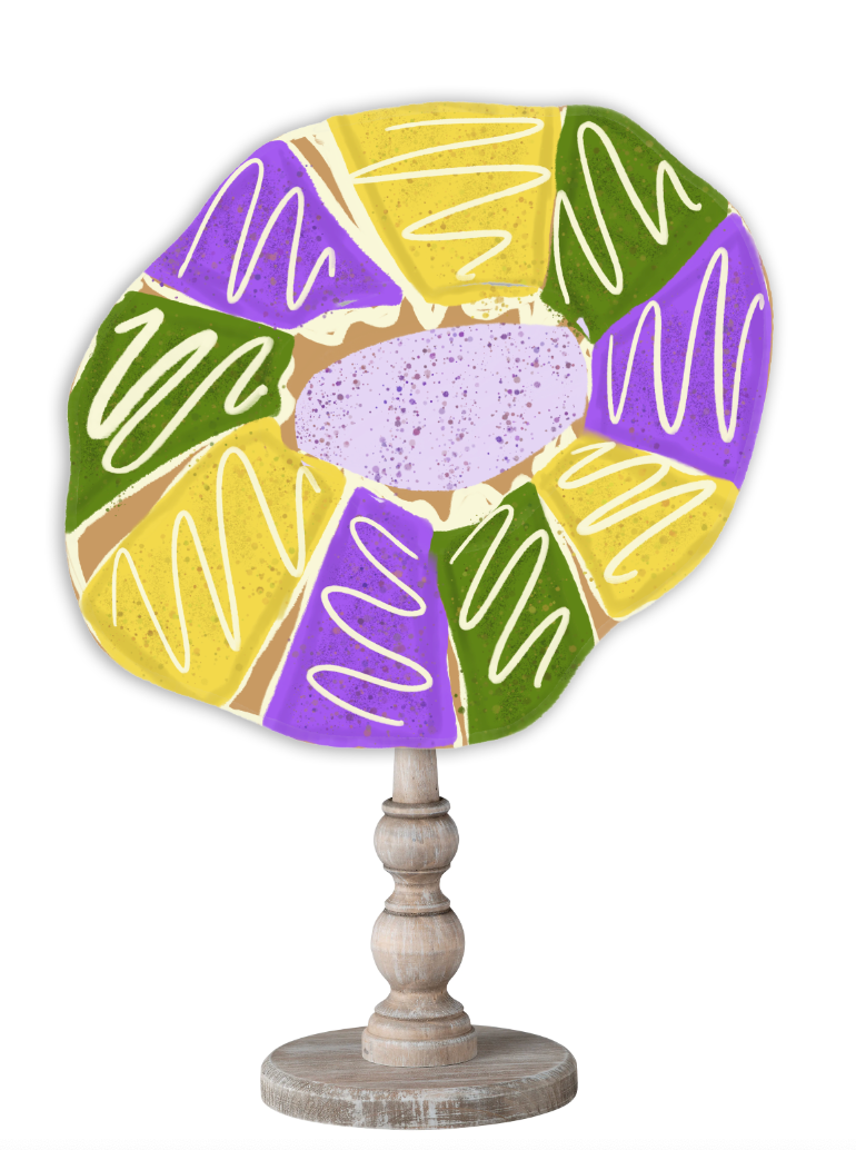 Doodles by Rebekah Mardi Gras decor featuring a hand-sketched King Cake illustration on a rustic turned wood stand.