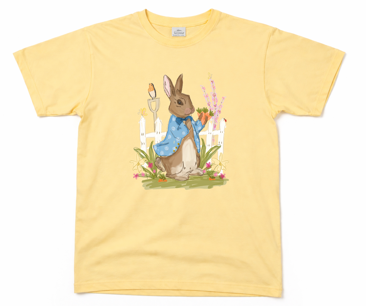 Yellow t-shirt with a rabbit graphic on a white background