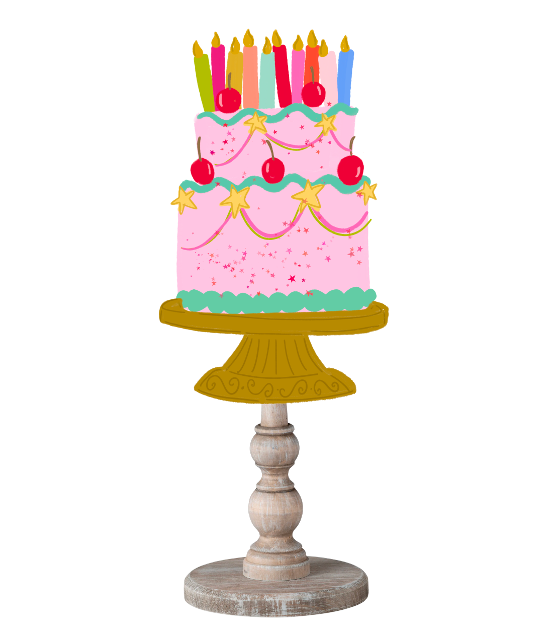 A decorative Pink Cherries Birthday Cake Topper on a wooden dowel with a white background