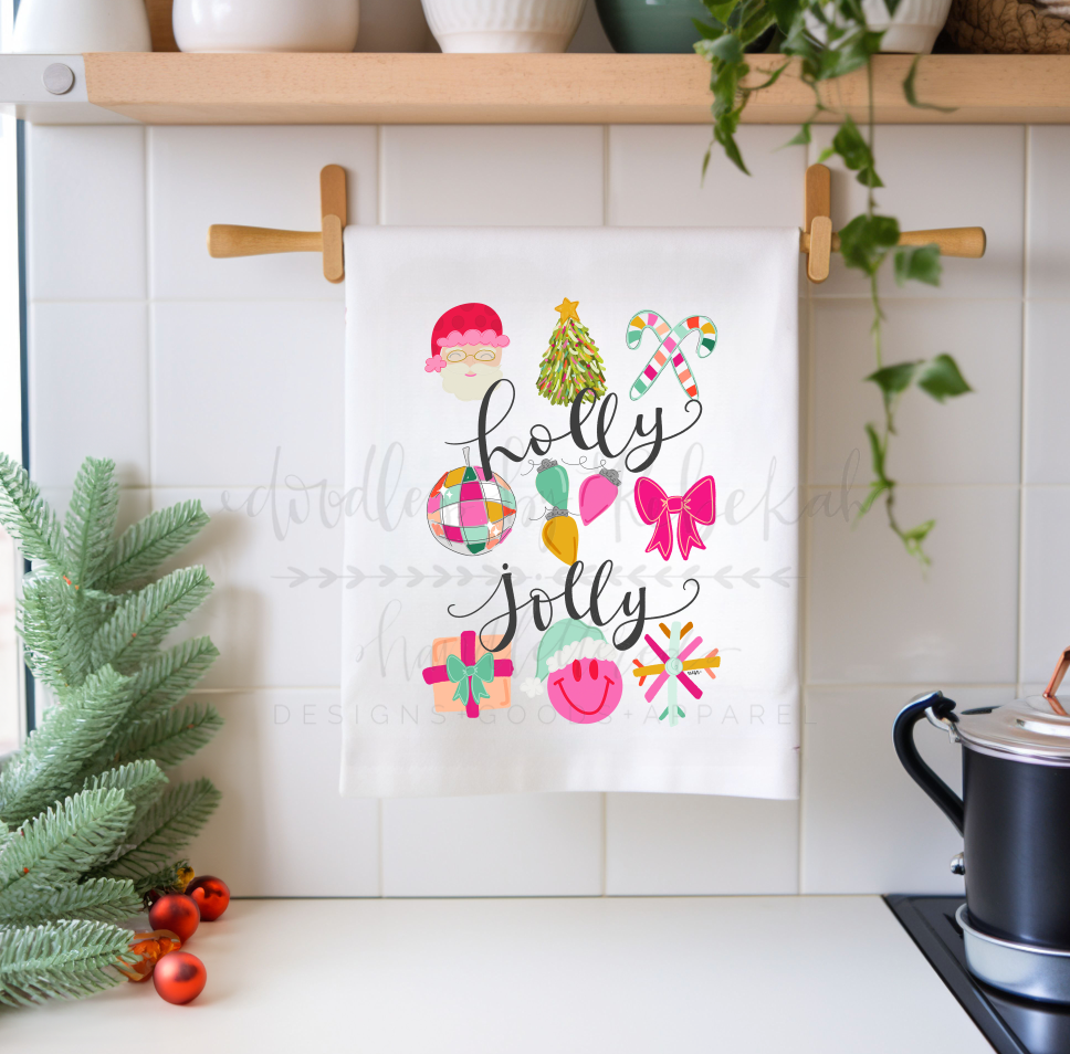 Holly Jolly 9 Icons Tea Towel