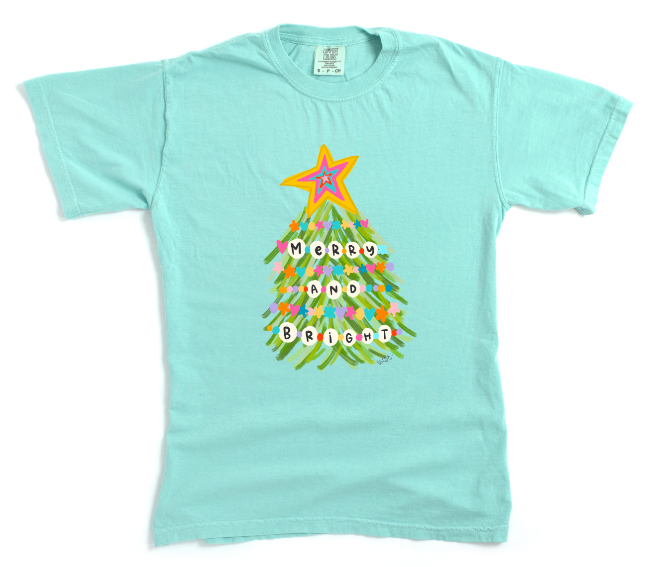 Light blue t-shirt with a colorful Christmas tree design and 'Merry and Bright' text on a white background.
