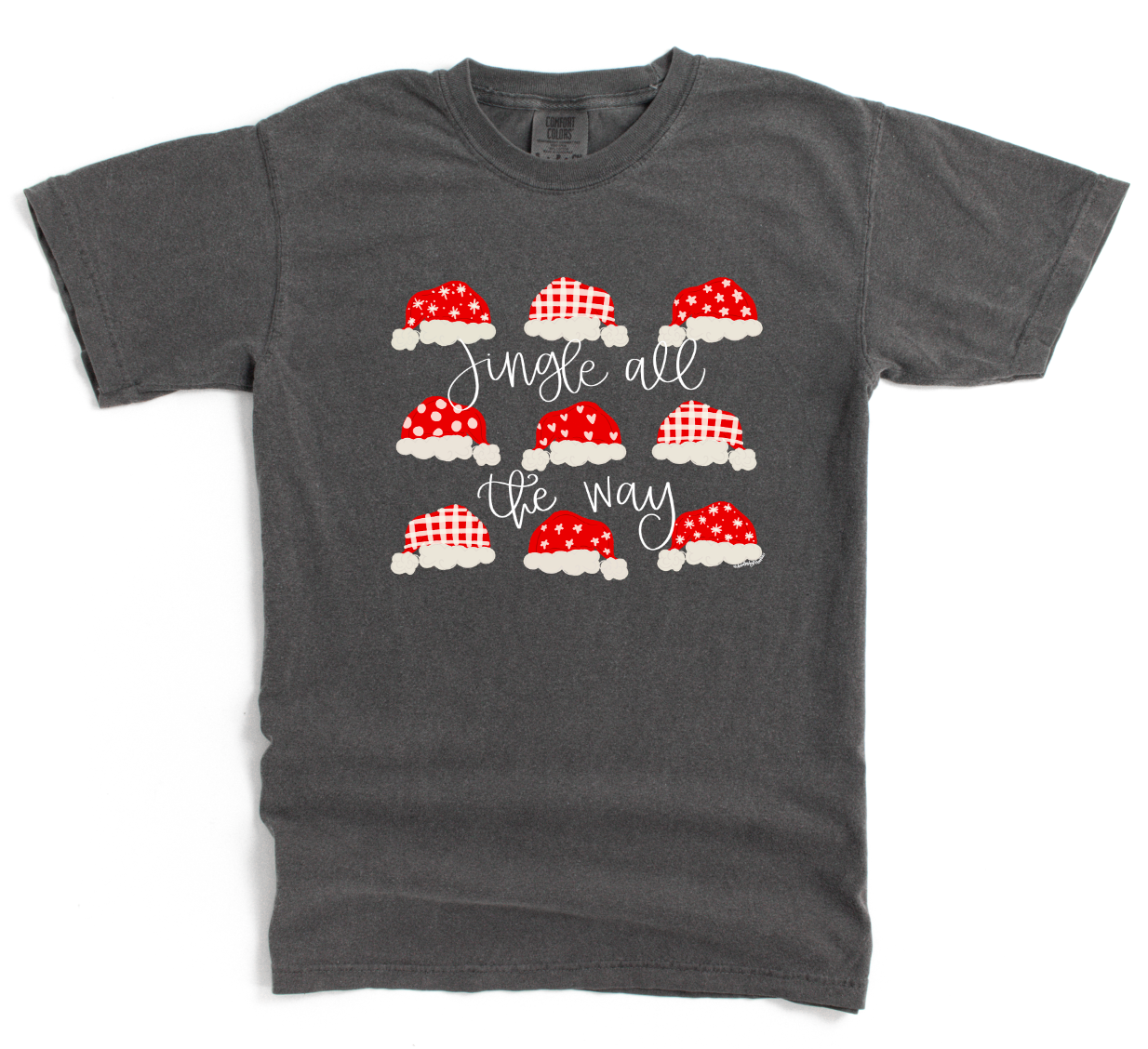 Gray t-shirt with red and white graphic design and 'jingle all the way' text on a white background