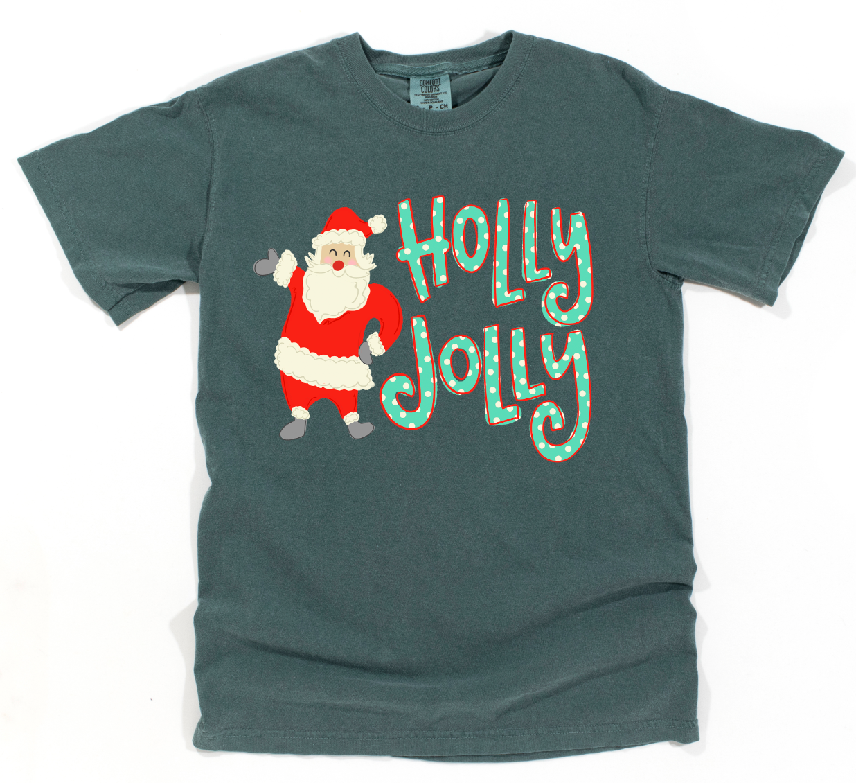 Gray t-shirt with Santa Claus graphic and 'Holly Jolly' text on a white background