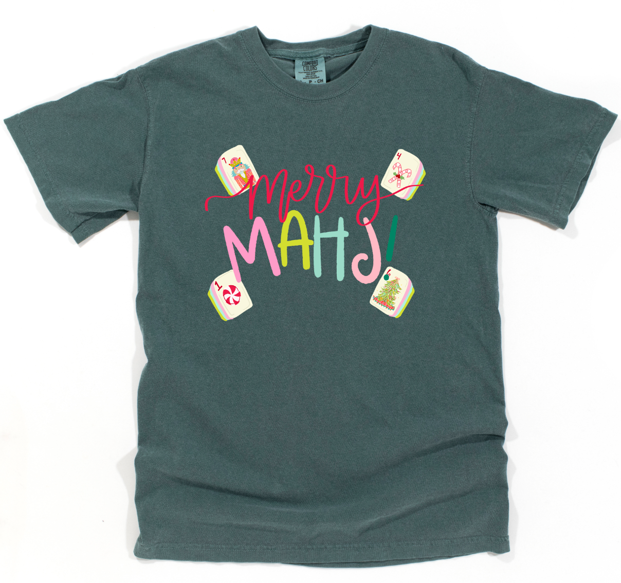 Gray t-shirt with colorful 'Merry Math!' text and candy corn graphics on a white background