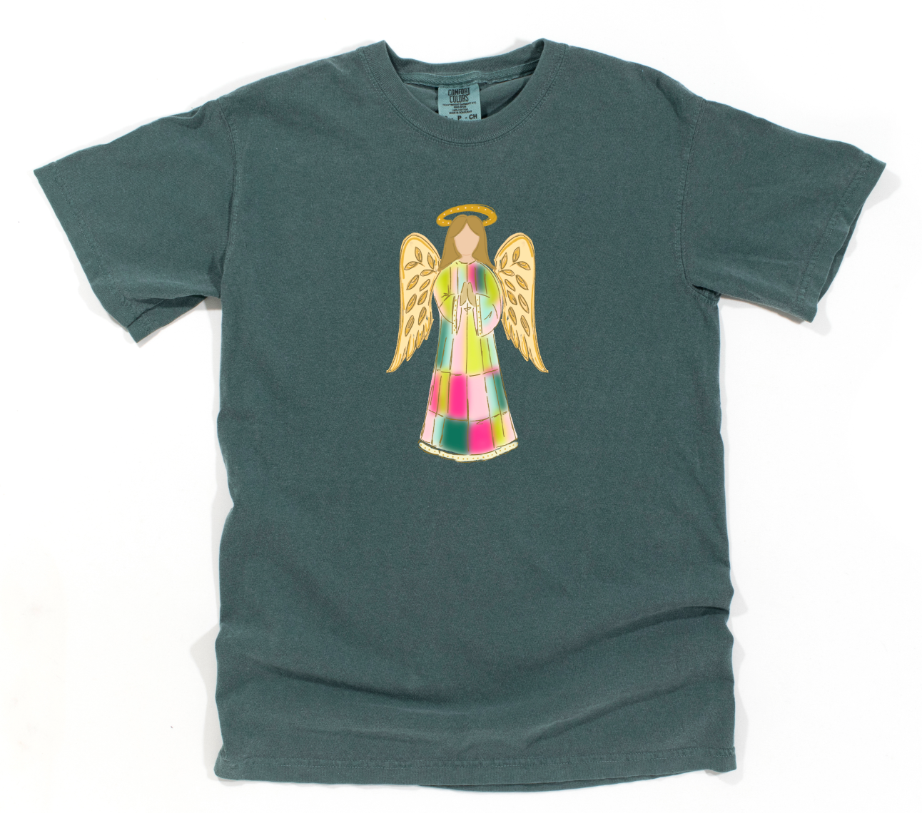 Green t-shirt with a colorful angel graphic on a white background