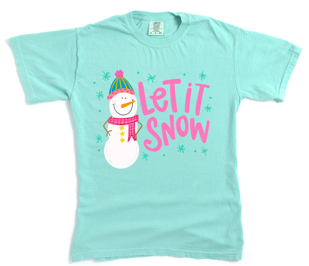 Light blue t-shirt with a snowman graphic and 'Let It Snow' text on a white background