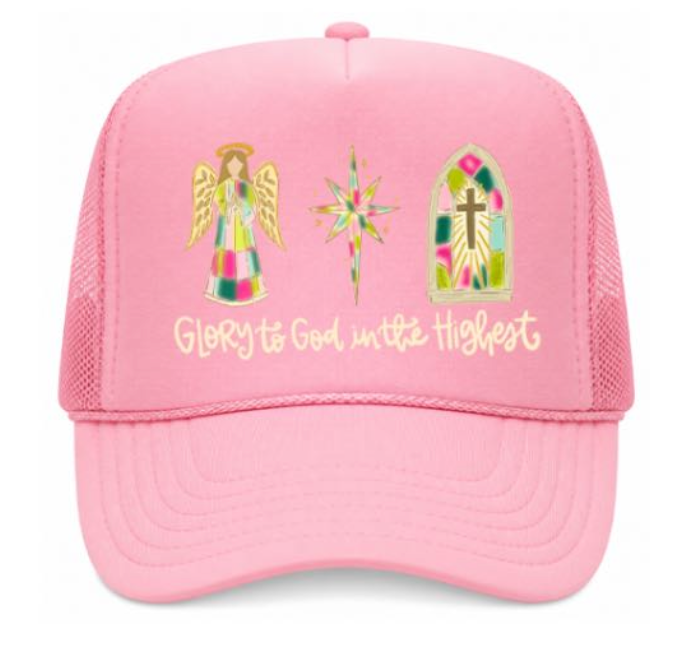 Pink cap with religious designs and text on a white background
