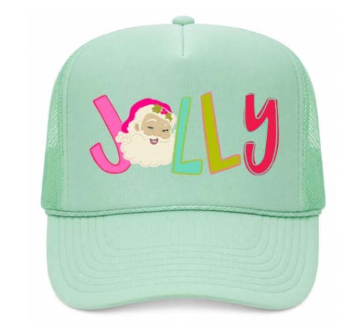 Mint green cap with 'Jolly' text and Santa Claus graphic on a white background
