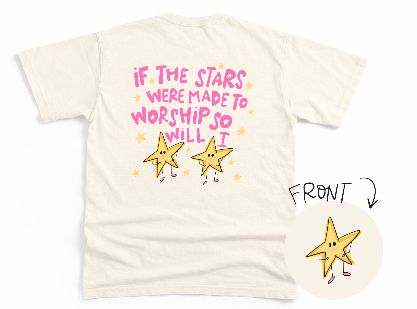 White t-shirt with pink text and yellow stars on a white background