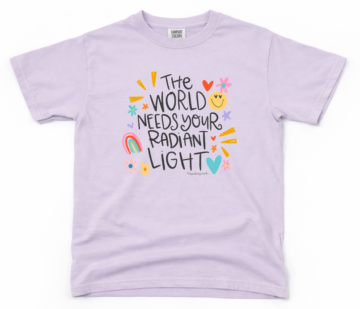 Lavender t-shirt with motivational quote and colorful graphics on a white background