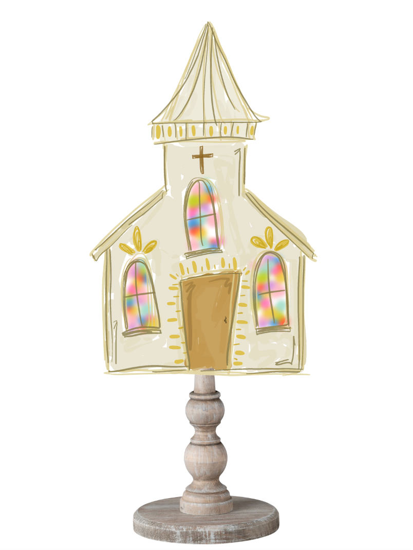 Doodles by Rebekah whimsical church tabletop decor featuring watercolor-style stained glass windows and a wooden base.