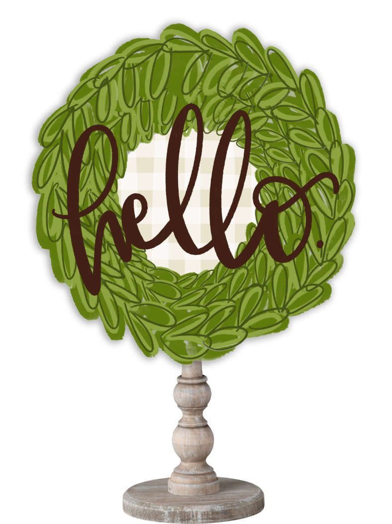 Doodles by Rebekah everyday home decor featuring a whimsical green wreath tabletop sign with hand-lettered "hello."