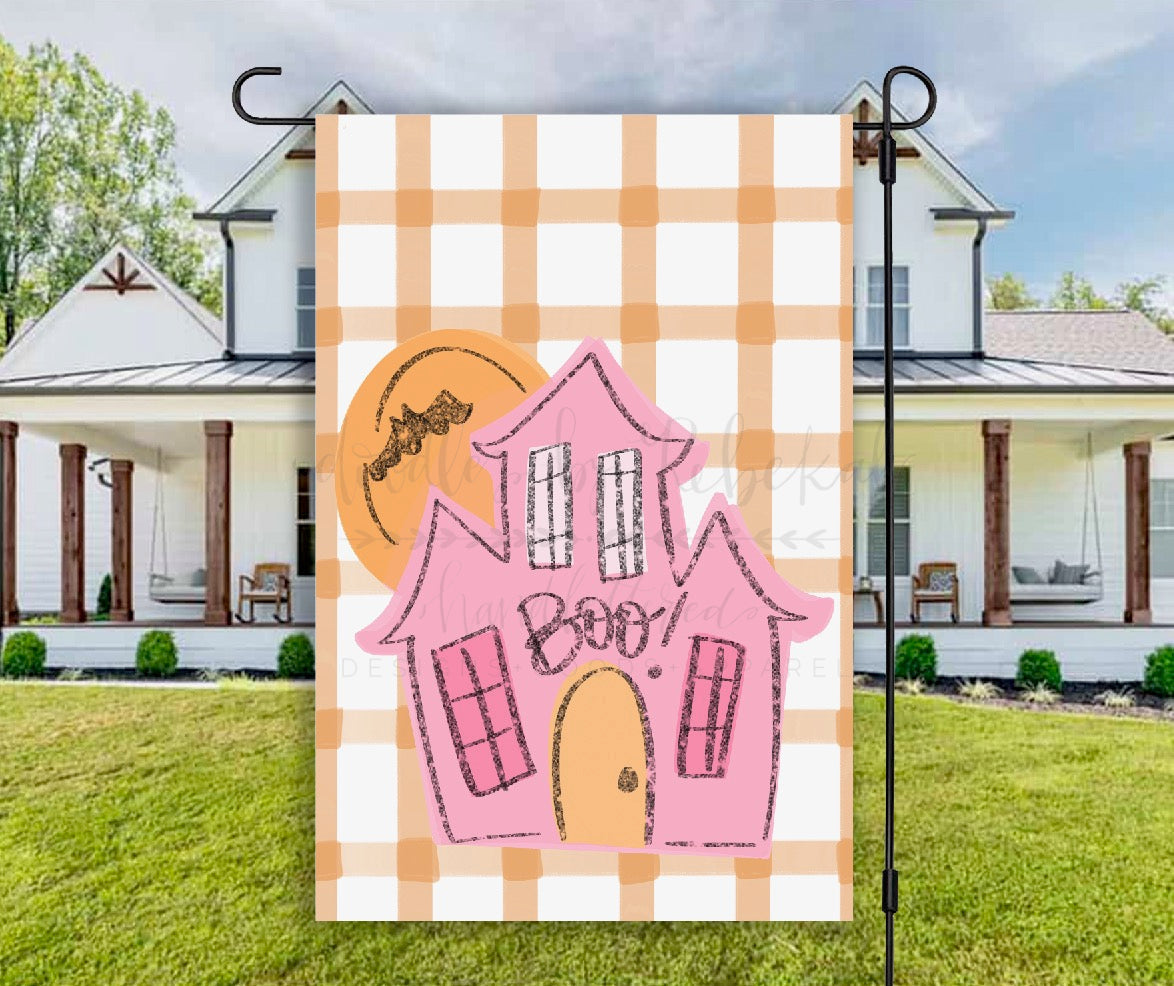 Pink Haunted House Garden Flag