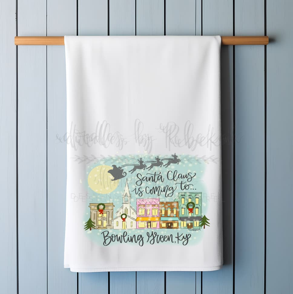 Santa Claus is Coming to Custom Town Tea Towel - Tea Towels
