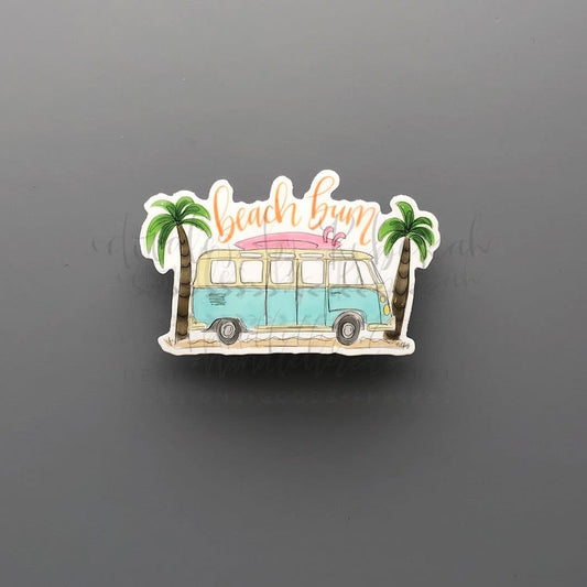 Colorful sticker featuring a van with a surfboard and the words 'beach bum'