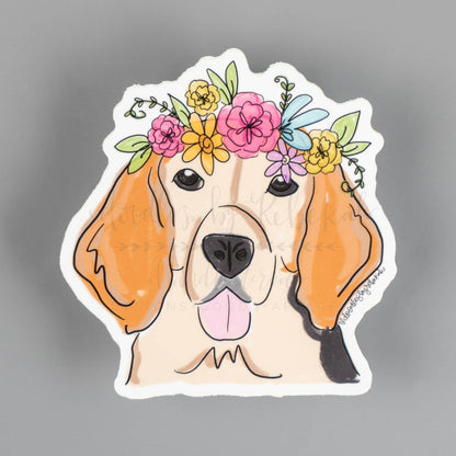 Sticker of a drawing of a female beagle dog wearing a flower crown
