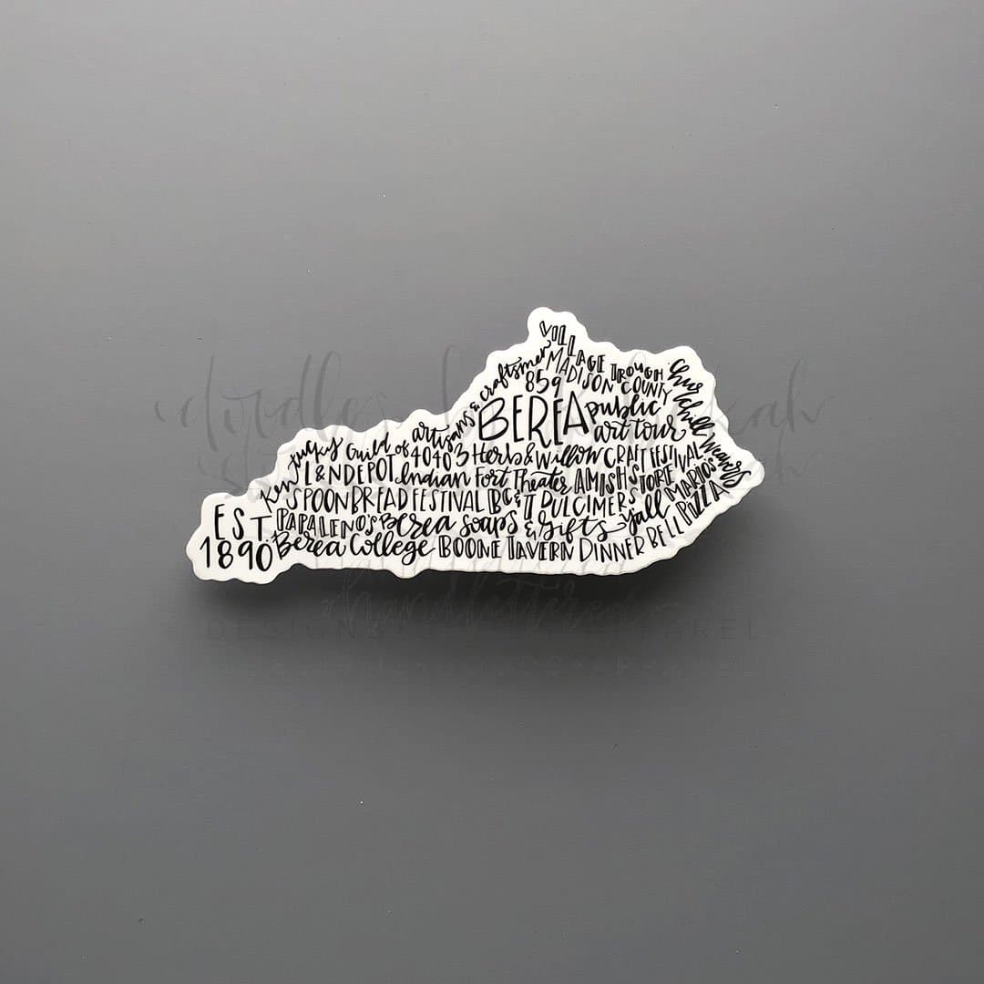 Kentucky state sticker with black whimsical calligraphy including Berea College, Boone Tavern, and Spoonbread Festival.