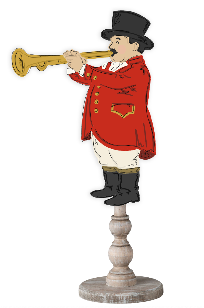 Doodles by Rebekah equestrian-themed decor featuring a whimsical fox hunt bugler illustration on a rustic turned wood stand.